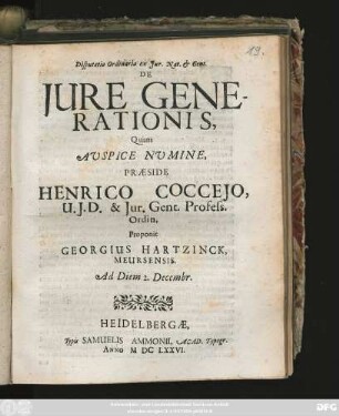 Dissertatio Ordinaria ex Iur. Nat. & Gent. De Iure Generationis