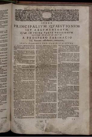 Index Principalium Quaestionum, Seu Argumentorum, Quae In Prima Parte Decisionum Sacrae Romanae Rotae A Prospero Farinacio I.C. Romano collectarum, continentur, Iuxta Temporis Ordinem Distributus
