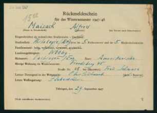 Rückmeldeschein Wintersemester 1947/48