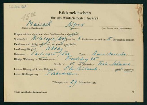 Rückmeldeschein Wintersemester 1947/48
