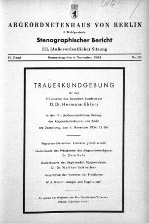 Nr. 23 (111), 04.11.1954 (Außerordentliche Sitzung)