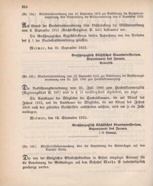 Nr. 164: Ministerialverordnung vom 10. September 1915 zur Ausführung der Bundesratsverordnung über Beschränkung der Milchverwendung vom 2. September 1915