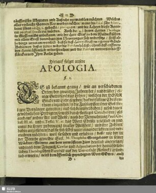 Hierauf folget unsere Apologia