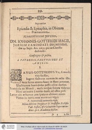 Sequuntur Epicedia & Epitaphia, in Obitum Praematurum ...