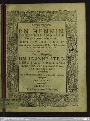 Carmina gratulantia viro Henningo Rennemano honorem docturae adepto