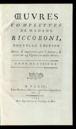 Tome Quatrieme: Œuvres Complettes De Madame Riccoboni