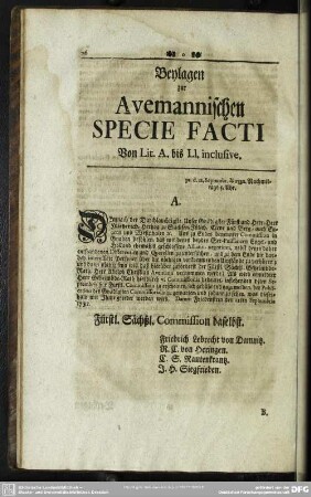 Beylagen zur Avemannischen Specie Facti Von Lit. A. bis Ll. inclusive
