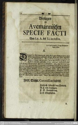 Beylagen zur Avemannischen Specie Facti Von Lit. A. bis Ll. inclusive