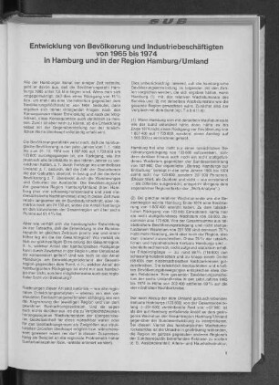 Entwicklung von Bevölkerung und Industriebeschäftigten von 1965 bis 1974 in Hamburg und in der Region Hamburg/ Umland