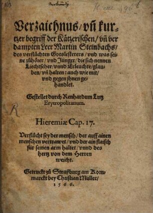Verzaichnus unn kurtzer begriff der Kätzerischen unn verdampten Leer Martin Steinbachs