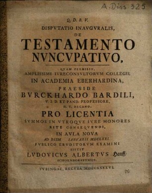 Disputatio inauguralis de testamento nuncupativo