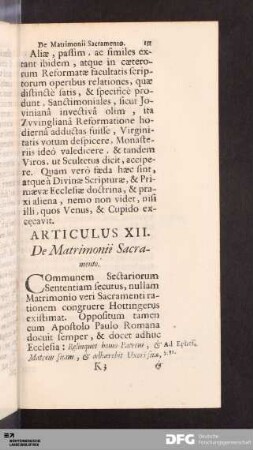 Articulus XII. De Matrimonii Sacramento.