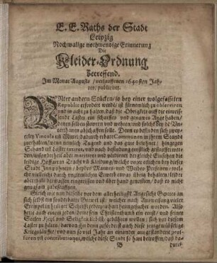 E. E. Raths der Stadt Leipzig Nochmalige nothwendige Erinnerung Die Kleider-Ordnung betreffend [...]