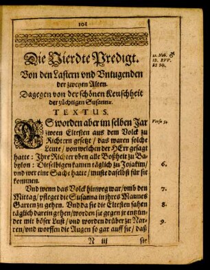 Die Vierdte Predigt. Von den Lastern und Untugenden der zweyen Alten. Dagegen von der schönen Keuschheit der züchtigen Susannae