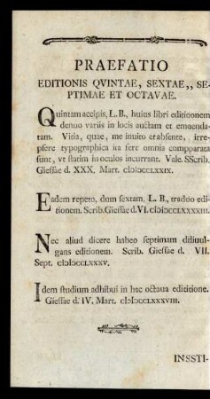 Praefatio Editionis Quintae, Sextae,, Septimae Et Octavae