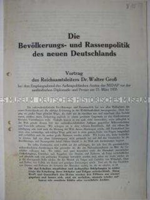 Sonderdruck eines Vortrages über die Rassenpolitik der NSDAP vor ausländischen Diplomaten und Journalisten