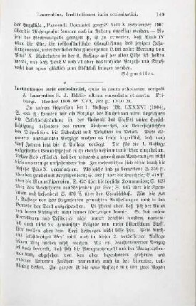 149-150 [Rezension] Laurentius, Josephus, Institutiones iuris ecclesiastici