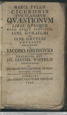 Marci. Tullii Ciceronis Tusculanarum Quaestionum Libri. Quinque