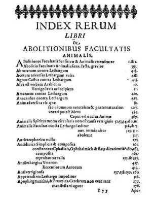 Index Rerum Libri De Abolitionibus Facultatis Animalis.