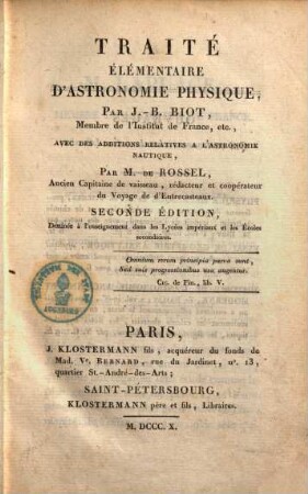 Traité élémentaire d'astronomie physique, 1