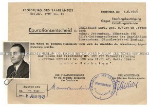 Entnazifizierungsbescheid für einen Angestellten der Saarländischen Eisenbahnen