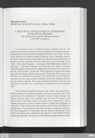 Mustafa Soykut A Practical Application Of "Otherness" In Political History: The Italian Case and the Ottoman Empire (15th-18th Centuries)