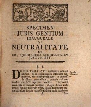 Specimen Juris Gentium De Neutralitate Et Eo, Quod Circa Eam Justum Est