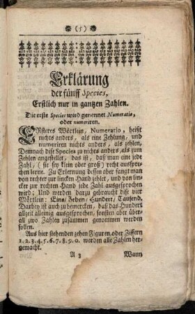 Die erste Species wird genennet Numeratio, oder numeriren.