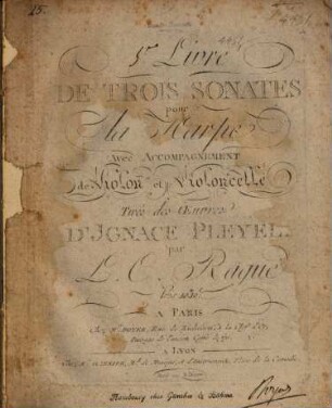 5. livre de trois sonates pour la harpe avec accompagnement de violon et violoncelle