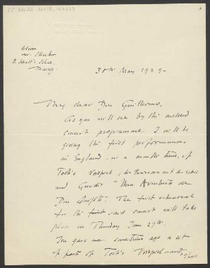 Brief an Willy Strecker und B. Schott's Söhne : 30.05.1929