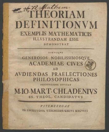 Theoriam Definitionum Exemplis Mathematicis Illustradam Esse Demonstrat : Simulque Generosos Nobilissimosque Academiae Cives Ad Audiendas Praelectiones Philosophicas Perofficiose Invitat