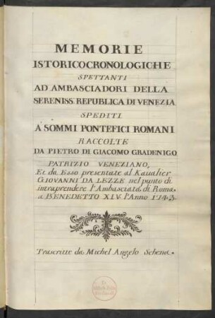 Historisch-chronologische Datensammlung über die venetianischen Botschafter beim Heiligen Stuhl, ital.