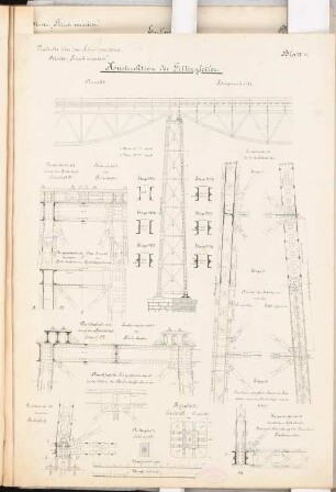 Hafenbahn mit Rangierbahnhof Schinkelwettbewerb 1889: Viadukt. Pfeiler: Ansichten, Schnitte, Details 1:100, 1:20