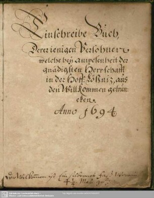 Einschreibe-Buch Dererienigen Persohnen welche bey Anwesenheit der gnädigsten Herrschafft in der Hoff-Lößniz, aus den Willkommen getruncken.