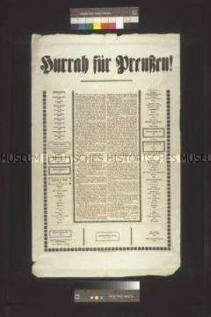 Maueranschlag: Hurrah für Preußen; Flugschrift von Herrmann Goedsche zum Huldigungserlass; Berlin, 30. Juli 1848