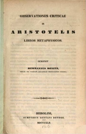Observationes criticae in Aristotelis libros metaphysicos