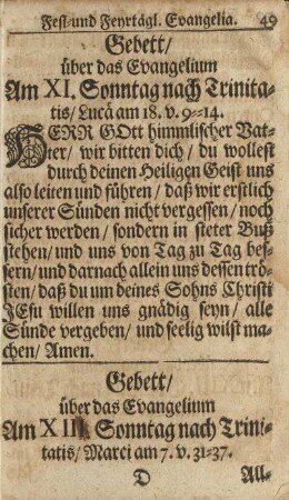 Gebett/ über das Evangelium Am XIII. Sonntag nach Trinitatis/ ...