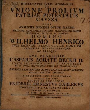 Diss. iuris Germanici de unione prolium patriae potestatis caussa