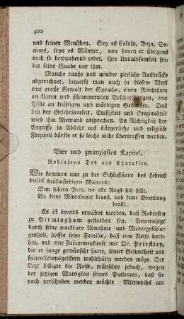Vier und zwanzigstes Kapitel. Robinsons Tod und Charakter.