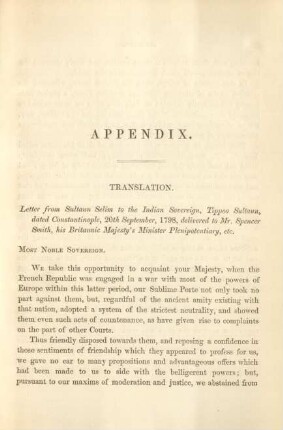 Letter from Sultaun Selim to the Indian Sovereign, Tippoo Sultaun ...