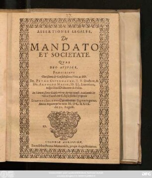 Assertiones Legales, De Mandato Et Societate