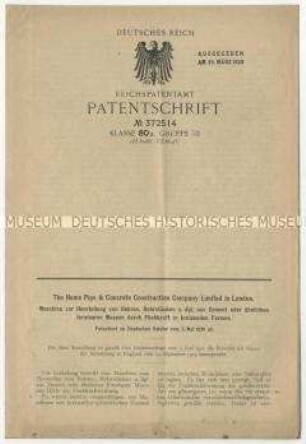 Patentschrift einer Maschine zur Herstellung von Betonrohren, Patent-Nr. 372514
