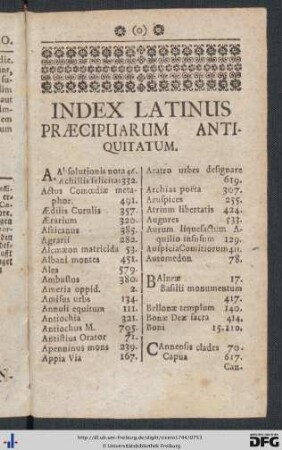 Index Latinus Praecipuarum Antiquitatum.