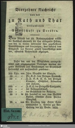 14.1822: Nachricht von der zu Rath und That verbundenen Gesellschaft zu Dresden