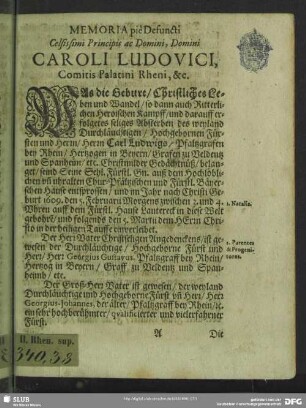Memoria pie Defuncti Celsissimi Principis ac Domini, Domini Caroli Ludovici, Comitis Palatini Rheni, &.