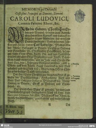 Memoria pie Defuncti Celsissimi Principis ac Domini, Domini Caroli Ludovici, Comitis Palatini Rheni, &.