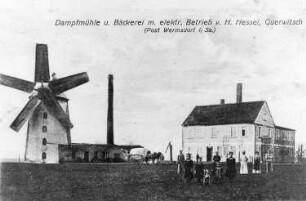 Sornzig-Ablaß-Querbitzsch. Hesselmühle, Turmholländer, Dampfmühle und Bäckerei mit elektr. Betrieb von H. Hessel, Ansichtskarte, Repro