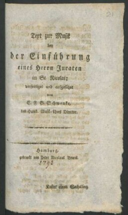 Text zur Musik bey der Einführung eines Herrn Juraten in St. Nicolai