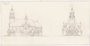 Kirche und Pfarrhaus, Miechowitz: Vorder- und Seitenansicht