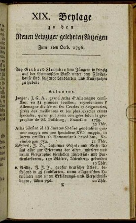 XIX. Beylage zu den Leipziger gelehrten Anzeigen - Zum 1sten Octb. 1796.